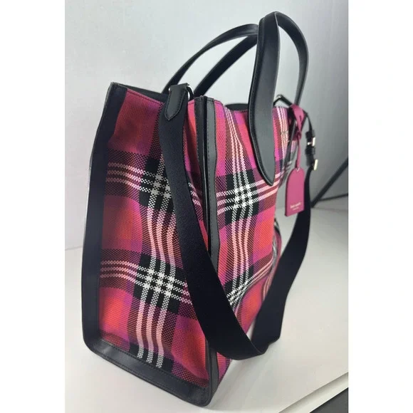 kate spade new york Manhattan Foliage Plaid Fabric Large Tote Bag Pink Multi EUC - Picture 3 of 14